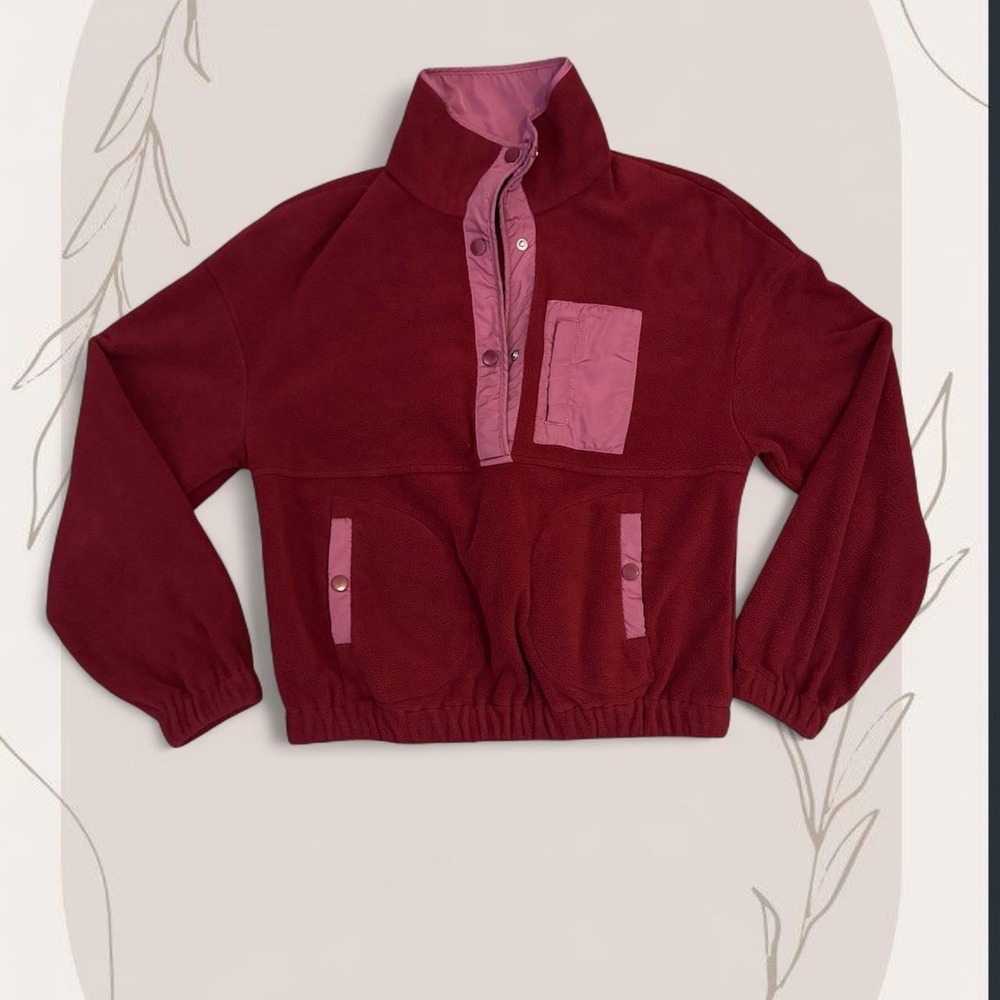 Burgundy Fleece Quarter Snap Pullover Jacket Mock Neck Mauve B2360 Womens S